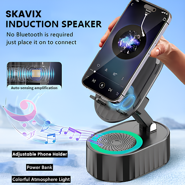 SKAVIX™ 2025 Smart 4-in-1 Phone Stand — Induction Speaker, Power Bank & Ambient Light