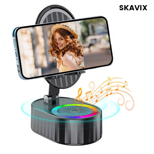 SKAVIX™ 2025 Smart 4-in-1 Phone Stand — Induction Speaker, Power Bank & Ambient Light