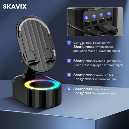 SKAVIX™ 2025 Smart 4-in-1 Phone Stand — Induction Speaker, Power Bank & Ambient Light