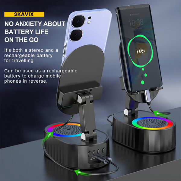 SKAVIX™ 2025 Smart 4-in-1 Phone Stand — Induction Speaker, Power Bank & Ambient Light